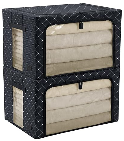 Periea Beau 2 Pack Storage Boxes 74L (53x40x35cm) – Collapsible Stackable Fabric Organisers Storage Bags with Steel Frame, Front Window & Top/Front Zip Access – (Black Diamond)