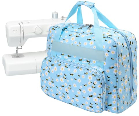 LetCart symaskinväska med fickor för symaskiner och sytillbehör, transport- och förvaringsväska, 43 x 32 x 21 cm, för de flesta sångare, bror, Janome i standardstorlek, Blå bi, Tryckt