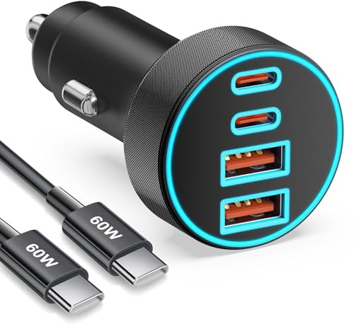 Zigarettenanzünder USB C, 90W 4-Port Dual 45W USB-C/A 12V Kfz Car Charger | Handy Auto Ladegerät, Autoladegerät Zubehör, Adapter PD/QC, Type C Ladekabel für iPhone 17 16 15, Samsung S26 S25, Pixel