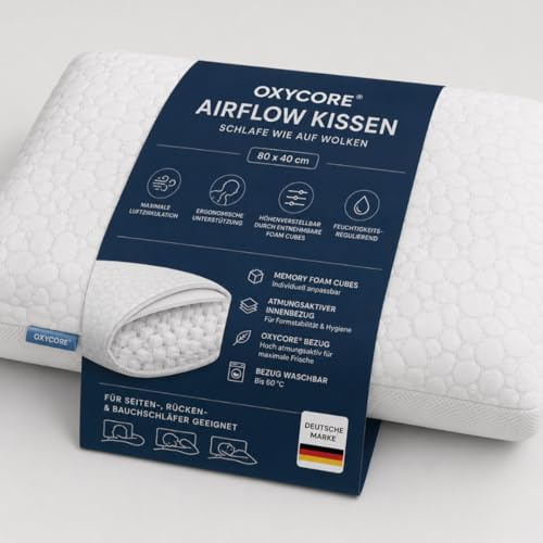 hERZtal Airflow Kopfkissen 80x40 cm – Höhenverstellbares ergonomisches Memory Foam Kissen mit entnehmbaren Foam Cubes – Atmungsaktives & waschbares Schlafkissen für Seiten-, Rücken- & Bauchschläfer