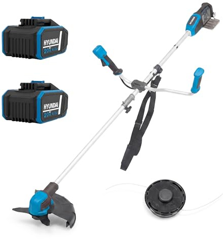 Hyundai Decespugliatore e tagliaerba senza spazzole senza fili, 40 V (2 x 20 V), 2 in 1, attrezzo multiuso da giardino, 34 cm e lama in acciaio da 25,5 cm, albero diviso, 3 velocità, 2 batterie da 4,0