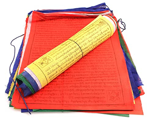 YAKEBA | Bandiera di preghiera tibetana - 10,00 metri | 30 bandiere (32x38cm ciascuna) | 100% cotone | Stampa tradizionale in legno | Catena a pennacchio in tessuto per esterni