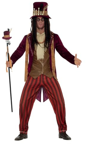Smiffys Deluxe Voodoo-Hexen-Doktor-Kostüm, Rot, mit Hose, Jacke, Weste, Halsketten und Hut