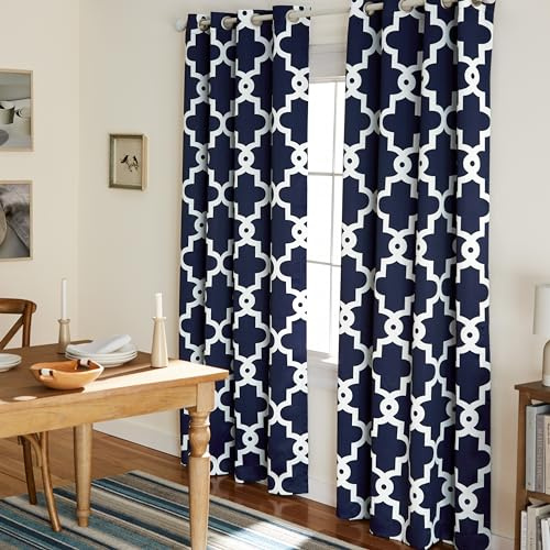 TOWN & COUNTRY EVERYDAY Ironwork Geo Trellis Sateen Indoor Curtains, Room Darkening Blackout, Grommet Top, Energy Efficient, 2-Pack Set, 52x96, Peacoat Blue