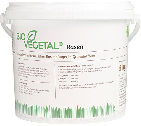 BioVegetal organisch-mineralischer Rasendünger mit Guano und natürlicher Langzeitwirkung durch Fixierung der Nährstoffe durch Ton-Humus-Komplex, 5 kg Eimer