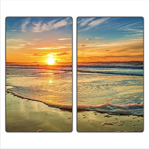decorwelt | Herdabdeckplatten 2x30x52 cm Ceranfeld 2-Teilig Universal Elektroherd Induktion für Kochplatten Herdschutz Deko Schneidebrett Sicherheitsglas Spritzschutz Glas Sonnenuntergang