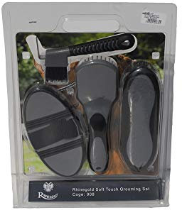 Rhinegold SOFT TOUCH HORSE GROOMING BRUSH SET, Grey/Black – Flexible Body Brush, Mane & Tail Brush, Dandy Brush & Hoof Pick – Comfortable Grip for Horse Care & Coat Shine