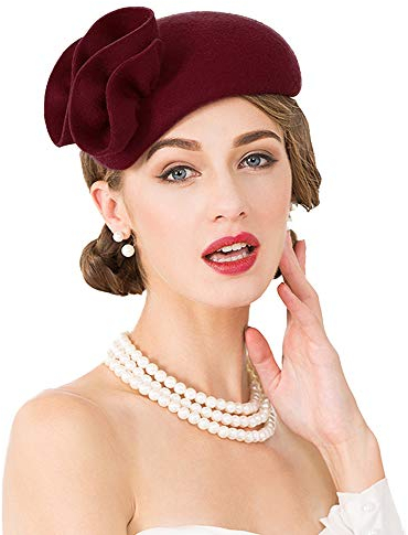 Vintage Damen Fascinators Wollfilz Pillbox Hut Damenhüte für Kirche Derby Party Hochzeit Tropfenform Hut Blume Fedoras, Weinrot 3, Large