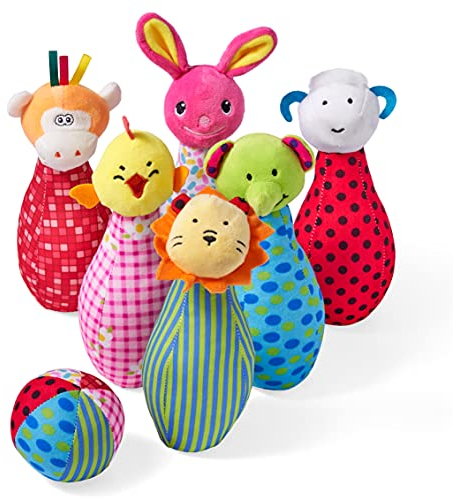 The TWIDDLERS 6 Plüschtiere Kegelspiel & 1 Ball mit Rassel, Bowling-Set für Babys & Kleinkinder - Weich & Waschbar - Geschenkset für Geburtstage & Weihnachten