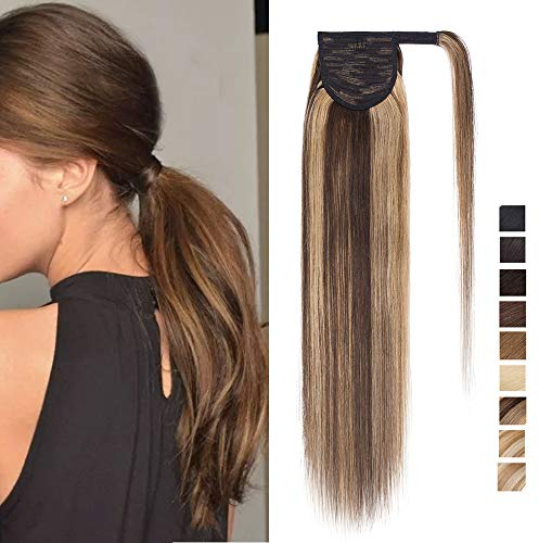 SEGO Ponytail Pferdeschwanz Haarteil Zopf extensions Haarverlängerung clip in Pony Echthaar remy Hair Piece Mittelbraun/Honigblond 20(50cm)-95g