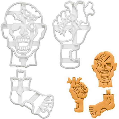 3er Set Zombiee Ausstechformen (Formen: Zombie-Kopf, Herz in der Zombie-Hand, & Zombie-Fuß), 3 Teile, Bakerlogy