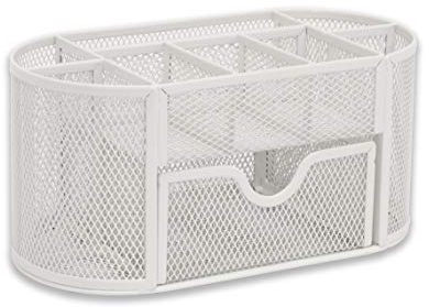 Osco Weißer Wiremesh Organizer mit Schublade | Schreibtisch-Organizer | Stifthalter | Büroaufbewahrung | Stifteaufbewahrung | 8 Fächer | Schreibwaren-Caddy | H10,5 x B22 x T11 cm |