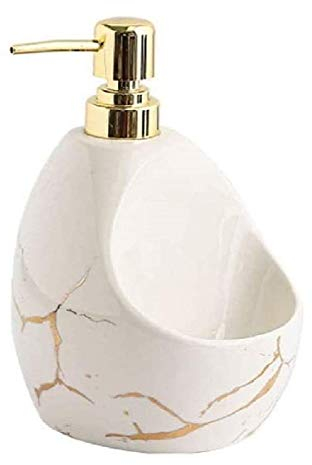 Peakpet Keramik Flüssigseifenspender mit Schwammhalter/Seifenhalter Gold Marmor Optik Seifenspender wiederbefüllbar Schampoo Spülmittel Spender Pumpseifenspender für Hotel Bad Küche (Weiß)