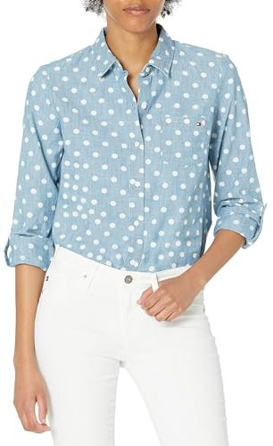 Tommy Hilfiger Klassisches Langarm-Shirt für Damen, zum Herunterrollen, Knopfleiste (Standard und Übergröße) - Blau - X-Klein