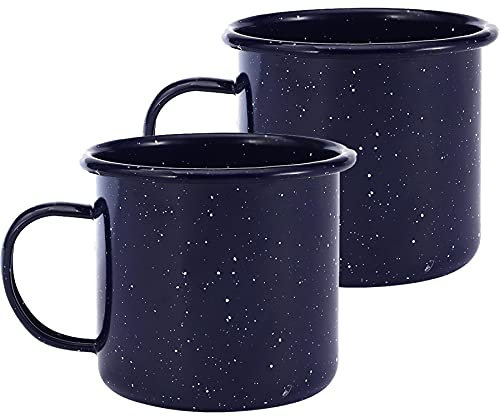 WeddPtyFr 2 Stück Outdoor-Camping-Becher, Kaffeetasse, 425 ml, Emaille-Reisebecher, Tee-Camping-Emaille-Tassen-Set für Getränke, Zuhause, Büro, Outdoor-Bergsteiger-Enthusiasten (dunkelblau, 2)