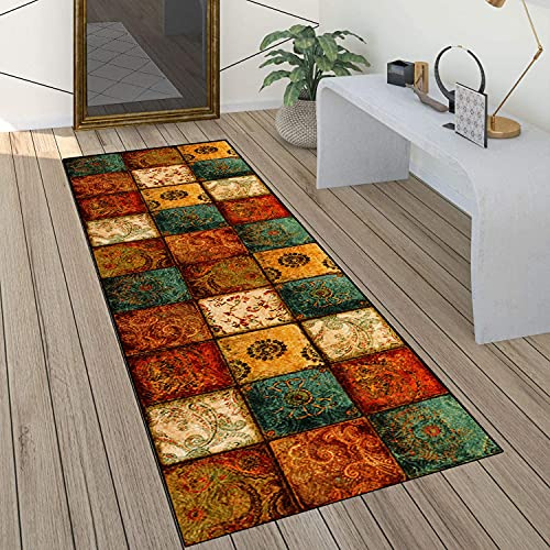 QQrunner Teppich läufer Flur Boho Bunter rutschfest 90x160cm Küchenteppich Vintage Waschbar Meterware Schlafzimmer Korridor Teppich Lang, Länge Anpassbare, 60/70/ 80/90/ 100/ 120cm Breit