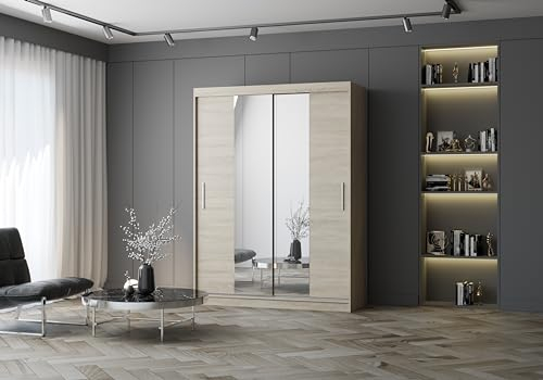 Fabryka Mebli Idźczak Kleiderschrank mit Spiegel, Schiebetüren - Schwebetürenschrank, Schlafzimmerschrank - 61 x 150 x 200 cm - Schrank für Schlafzimmer, Ankleidezimmer, Garderobe - Sonoma