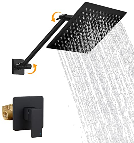 Hoimpro Verstellbare Verlängerung Duscharm Duschsystem mit 20,3 cm Regenduschkopf Wandmontage Duschset Badezimmer Regendusche Wasserhahn Befestigung Combo Set mit rauem Ventilkörper, Mattschwarz