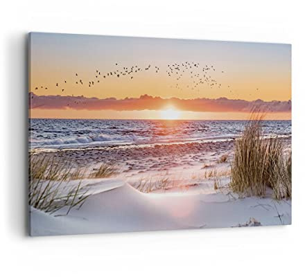 ARTTOR Bilder auf Leinwand 120x80cm Wandbild Landschaften Maritim - 4727 | Sonne Strand Vögel Groß XXL Wanddekoration Wohnzimmer Schlafzimmer Küche Wanddeko Wand Kunstdruck Wandkunst Wall Decor ARTTOR