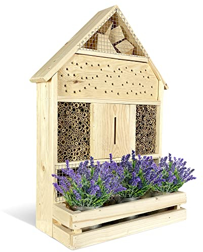 GARTENETAGE Insektenhotel zum Aufhängen mit Pflanzenbalkon Lavendel - inkl. Anzuchtset/Naturbelassenes, massives Insektenhaus & Bienenhotel/Insektenhotel groß, Marienkäferhaus