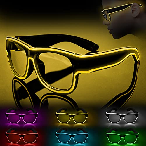 Ainiv Wireless Light up Glasses, Luminous El Wire Neon Party Rave Glasses, 3 Lighting Modes, USB Charging LED Costumes Accessories for Parties, DJ, EDM, 80s, Halloween, Christmas(Yellow)