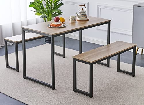 Hallowood Furniture Kempley Dining Table and Bench Set, 120cm Industrial Table in Bench in Black Metal Legs, Space-Saving Dining Room Sets for Modern Home, Apartments or Cafe