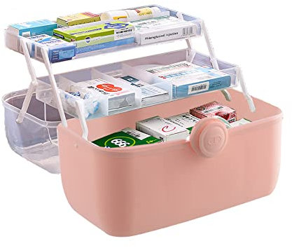Toolzia 3-Layer First Aid Organiser, Large Medication Storage Box, Empty Medical Organiser For Home (Pink)