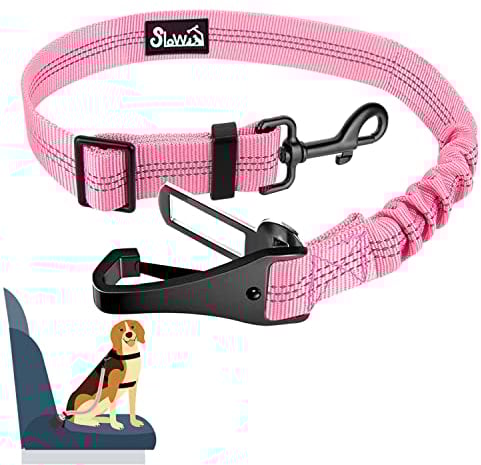 Eyein Hunde Sicherheitsgurt für Auto, Verstellbare Hundegurt fürs Auto mit Elastischer Ruckdämpfung, 3 in 1 reflektierend Hunde Anschnallgurt für alle Hunderassen & Autotypen, 90cm (Rosa)