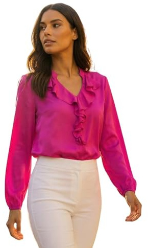 Roman Originals Ruffle Front V-Neck Satin Blouse for Women UK - Ladies Everyday Autumn Winter V-Neckline Comfy Soft Evening Vacation Work Party Night Out - Cerise Satin - Size 14