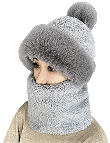 Damen Mütze aus Plüsch, warm, Halsschutz, Winter, Herbst, Schal mit Kapuze und Gesichtsmaske in einem Hut für Ski, Camping, Radfahren, Motorrad, winddicht, Ohrenschützer, Outdoor-Mütze