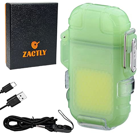 Zactly AL10 Transparent Electric Lighter Dual Arc Multifunction USB Type-C Rechargeable Waterproof Windproof Dustproof, Led Light, Whistle & Lanyard, Camping, Outdoor Survival Tool (Fluorescent Green)