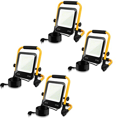 Yakimz LED Foco de Construcción 50W 5100LM, 4pcs Luz de Trabajo Proyector IP66 Impermeable 6000K Blanco Frío Portátil y Plegable con Cable de 3m, 72LEDs, para Taller Obra Garaje Campin