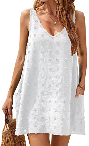 RPAEOY Vestiti Donna Scollo a V con Tasca Chiffon Copricostume Spiaggia da Mare Bikini Cover Up Tunica Costume da Bagno Estate Abito da Spiaggia Interi Beachwear Beach Dress (Bianco,M)