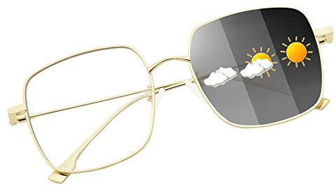 JM Photochrom Blaues Licht blockierende Computerbrille, Quadratisch Augenschutz Metallbrillen Anti Glare Männer Frauen Grau