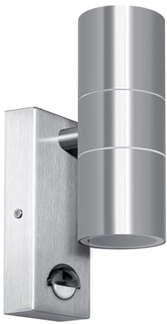 Kerry Outdoor Wall Lights, Up and Down Lamp with Motion Sensor, IP44 Silver Stainless Steel Outside Lighting Mains Powered Fixtures, PIR Detector External Wall Sconce for Front Door, Porch, Garden