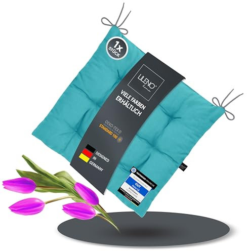 LILENO HOME 1er Set Stuhlkissen 15 Aqua (40x40x6 cm) - Sitzkissen für Garten, Küche oder Esszimmer - UV-beständige Indoor u. Outdoor Stuhlauflage als Stuhl-Kissen (Linda FUM)