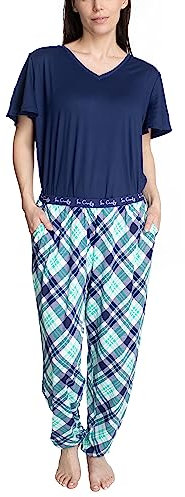Hanes Women's Petite Step Into Spring Short Sleeve V-Neck Top and Jogger Sleep and Lounge Set, Navy Plaid