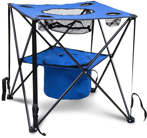 Eternal Living Faltbarer Campingtisch mit isoliertem Kühler, Getränkehalter, Netz-Lebensmittelkorb und Reisetasche, Blau