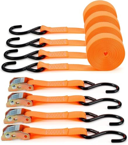 TOPZEA 4 Pack Ratchet Straps with Hook, 6M x 25MM Polyester 450kg Capacity Cambuckle Tie Down Strap Pull, Cargo Lashing Securing Straps with Metal Cam Buckle & S Hooks for Truck, Mower, ATVs