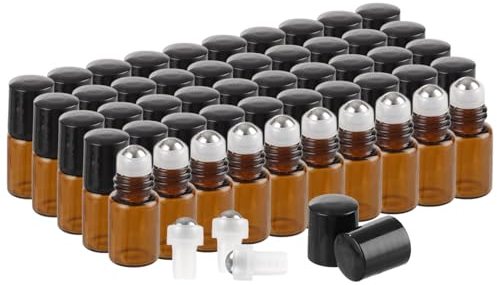 CYEER 50 Stück Ätherische Öle Roller Flaschen, 2ml Roll on Glasflaschen mit Edelstahl Roller Bällen, Klein Braun Roll on Flasche mit Rollenkugel für Ätherisches Öl, Spa, Massage, Aromatherapie