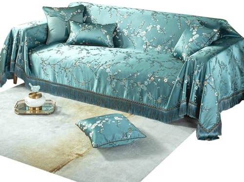 Couch Überzug 190x230cm, Blumenzweig mit Quasten Couch Überzug 2 Sitzer Sofabezug Abwaschbar Dunkelgrün Sofa Überzug für Ledersofa