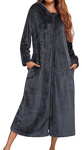 Lang Bademantel Damen flauschig, Winter Bademantel Kuschelig Flanell Langarm Bademantel mit Kapuze und durchgehendem Reißverschluss, Damen Winter Warm Robe Nachtwäsche Dressing Gown für Urlaub
