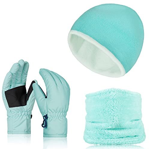 KDWAVE Kinder Skifahren Schnee Winter Handschuhe Teddy Fleece Schal Mütze Niedliche Beanie Handschuhe Halswärmer für kaltes Wetter