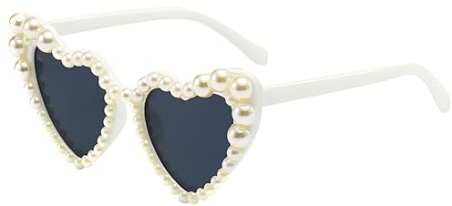 1er-Pack Damen-Sonnenbrillen in Herzform mit Perlen, Vintage Love Heart Sonnenbrillen, DIY-Herzform-Perlen-Sonnenbrillen, Damen-Perlen-Vintage-Liebesherz-Sonnenbrillen für Die Urlaubsparty (Weiß)