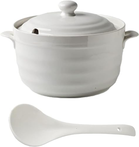 Soupière Blanche Pure À Double Poignée Avec Couvercle Blanc, Cocotte Ronde En Céramique Blanche/pot En Argile/pot En Terre Cuite/ustensiles De Cuisine [Classe Énergétique A]