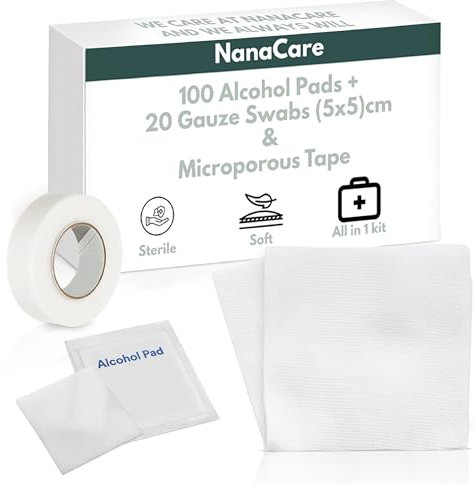 Nanacare Pre-Injection Alcohol Wipes x100 with 20pc Sterile Gauze Pads & 1 Roll Micropore Tape| All in 1 kit | 70% Isopropyl Alcohol Wipes First Aid| Antiseptic Wipes|Gauze Swab|Medical Wound Cleaning
