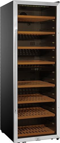 METRO Professional Vinoteca GWC1171D, acero inoxidable/vidrio, 8 estantes de madera, termostato digital, para 171 botellas de vino, con cerradura, negro/plateado