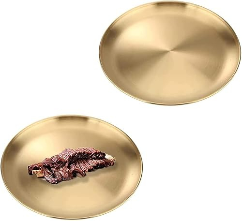 Serenelight 2 Pezzi Piatti Rotonde in Acciaio Inox, Vassoio de Servire, Vassoio Portaoggetti in Metallo, Decorativo Rotondo Piastra, per Cucina, Sala da Pranzo, Campeggio, Feste, 20 cm(Oro