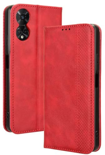 HAOYE Leather Folio Funda para TCL Mobile 50 Smartphone 5G / TCL 50 5G, PU + TPU Flip Carcasa de Cuero Libro Protector con Magnético y Ranuras para Tarjetas y Plegable de Soporte, Rojo