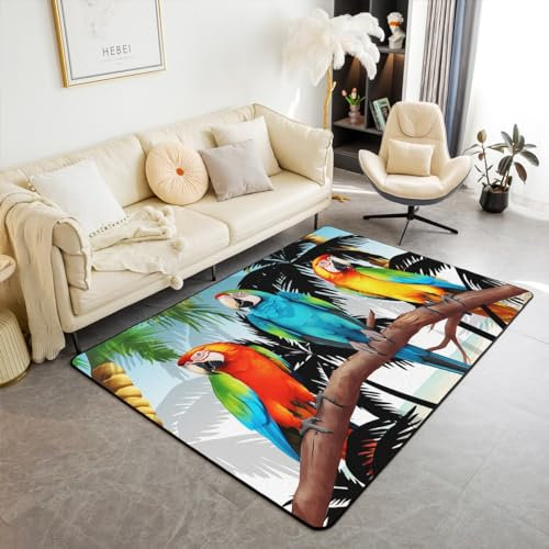 Mignon Perroquet 3D 150x200 Tapis Vert Feuille de Palmier Tapis Intérieur et Extérieur Coloré Plume D'Oiseau Tapis Salon Hawaiian Mountain Plantes Tropicales Tapis Décoratif Salle de Classe de Chevet